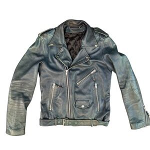 BLK DNM Mens Leather Biker Jacket Blue‎ Leather Moto Jacket Size M